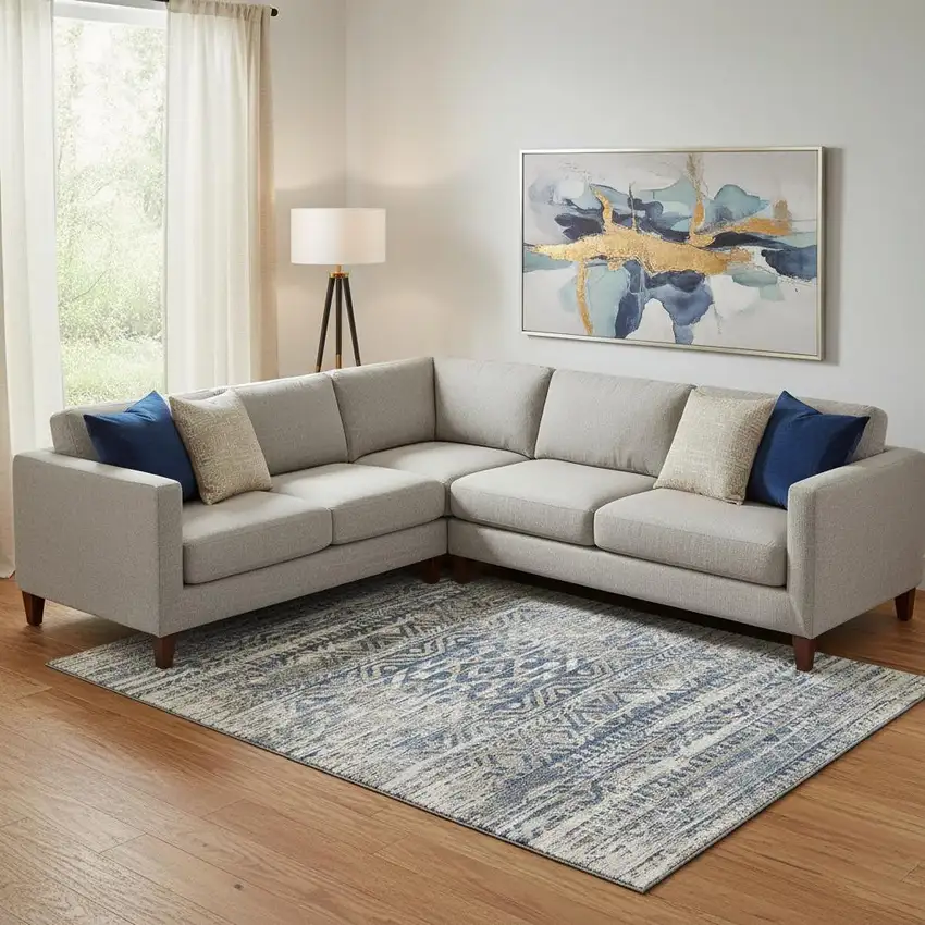 Blue Gray And Beige Moroccan Washable Area Rug With UV Protection Photo 2