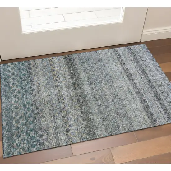 Blue Gray And Beige Striped Washable Area Rug With UV Protection Photo 1