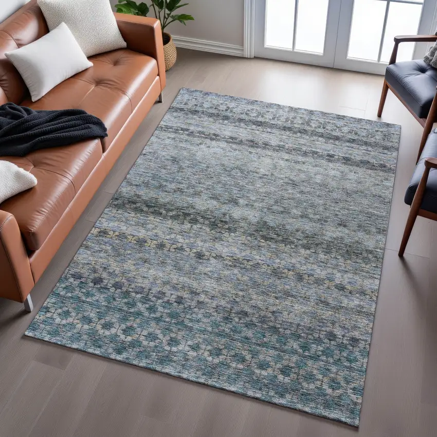 Blue Gray And Beige Striped Washable Area Rug With UV Protection Photo 4