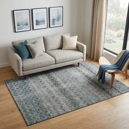 Blue Gray And Beige Striped Washable Area Rug With UV Protection Photo 1