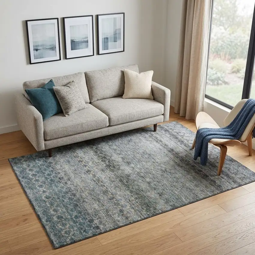 Blue Gray And Beige Striped Washable Area Rug With UV Protection Photo 1