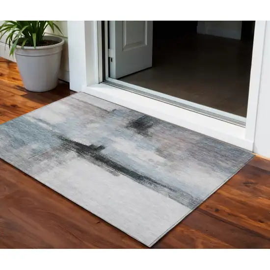 Blue Gray And Black Abstract Washable Indoor Outdoor Area Rug Photo 1
