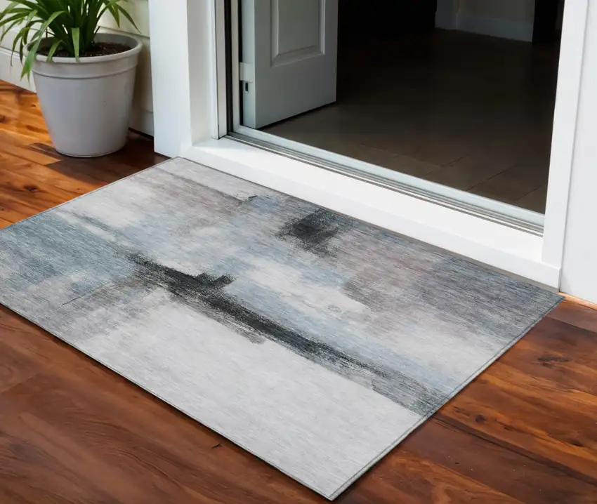 Blue Gray And Black Abstract Washable Indoor Outdoor Area Rug Photo 1