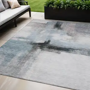Photo of Blue Gray And Black Abstract Washable Indoor Outdoor Area Rug