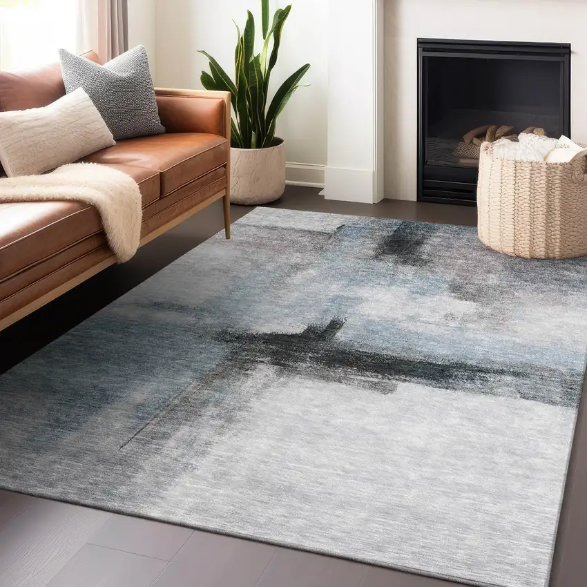 Blue Gray And Black Abstract Washable Indoor Outdoor Area Rug Photo 8