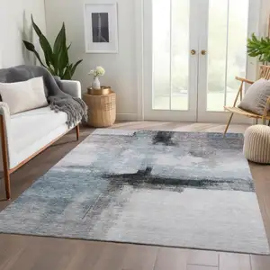 Photo of Blue Gray And Black Abstract Washable Indoor Outdoor Area Rug
