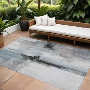 Photo of Blue Gray And Black Abstract Washable Indoor Outdoor Area Rug