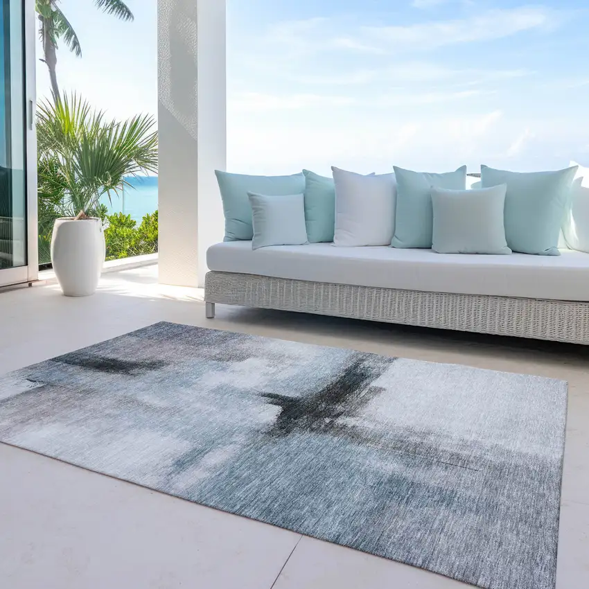 Blue Gray And Black Abstract Washable Indoor Outdoor Area Rug Photo 7