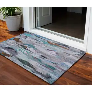 Photo of Blue Gray And Brown Abstract Washable Indoor Outdoor Area Rug