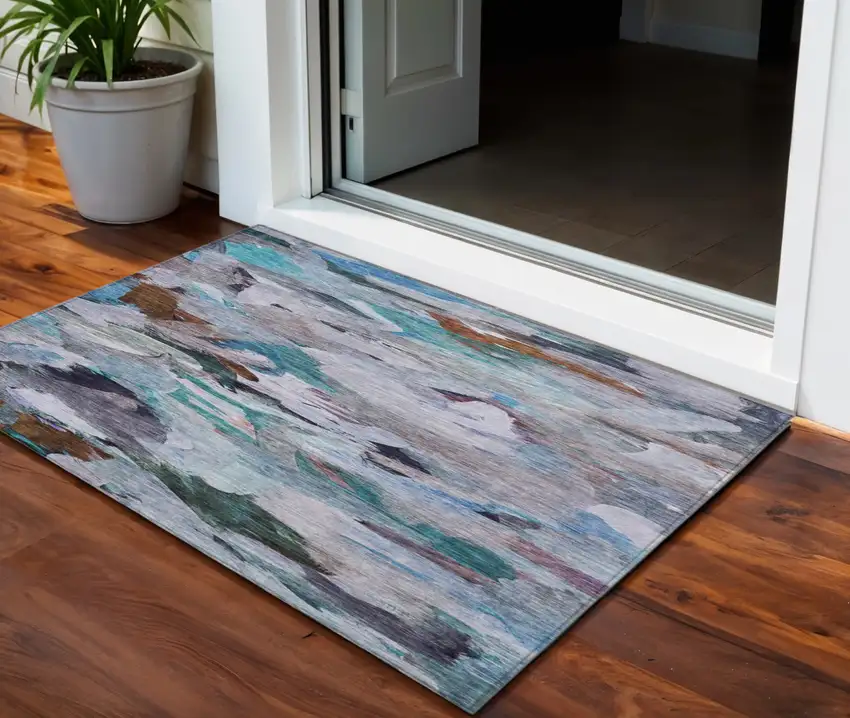 Blue Gray And Brown Abstract Washable Indoor Outdoor Area Rug Photo 1