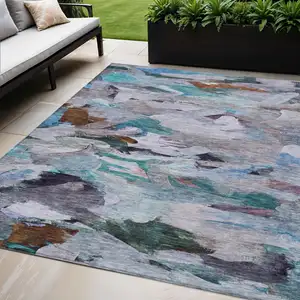 Photo of Blue Gray And Brown Abstract Washable Indoor Outdoor Area Rug