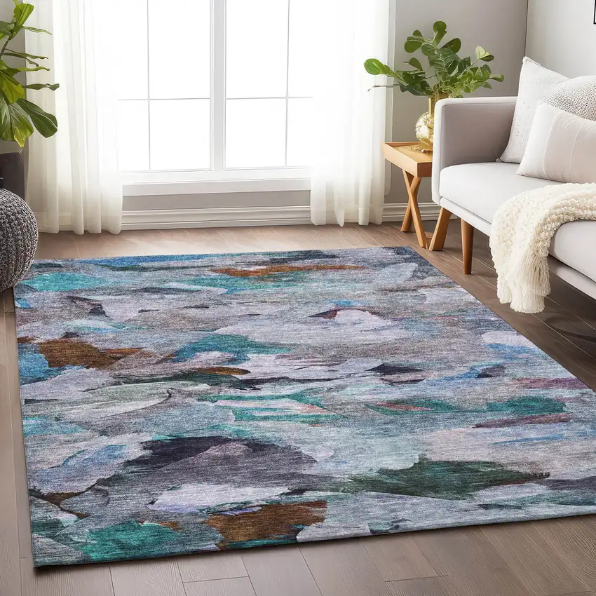 Blue Gray And Brown Abstract Washable Indoor Outdoor Area Rug Photo 9