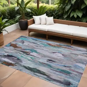 Photo of Blue Gray And Brown Abstract Washable Indoor Outdoor Area Rug