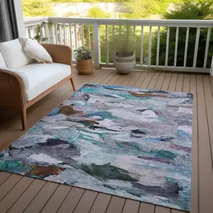 Photo of Blue Gray And Brown Abstract Washable Indoor Outdoor Area Rug
