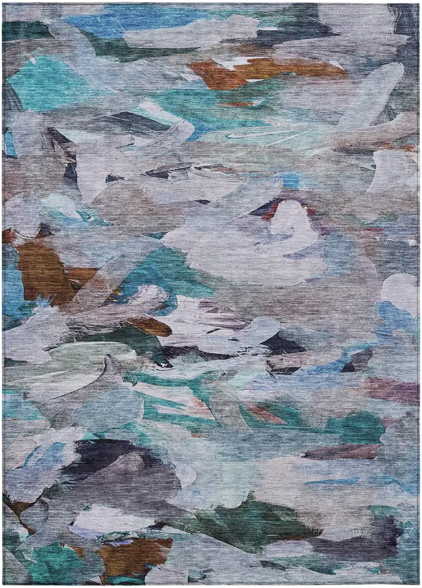 Blue Gray And Brown Abstract Washable Indoor Outdoor Area Rug Photo 2