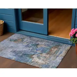 Photo of Blue Gray And Brown Abstract Washable Indoor Outdoor Area Rug