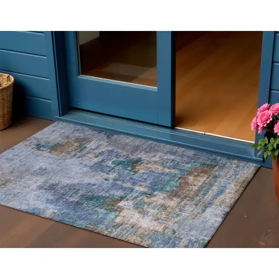 Blue Gray And Brown Abstract Washable Indoor Outdoor Area Rug Photo 1