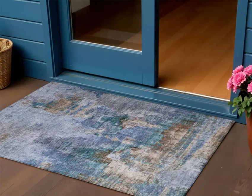 Blue Gray And Brown Abstract Washable Indoor Outdoor Area Rug Photo 1