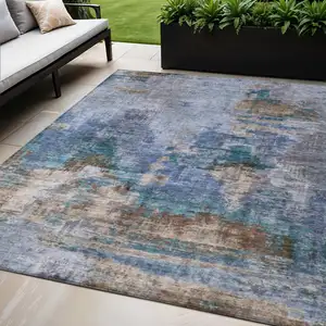 Photo of Blue Gray And Brown Abstract Washable Indoor Outdoor Area Rug