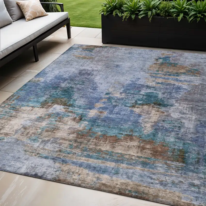 Blue Gray And Brown Abstract Washable Indoor Outdoor Area Rug Photo 1