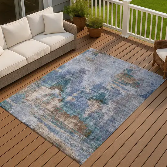 Blue Gray And Brown Abstract Washable Indoor Outdoor Area Rug Photo 9