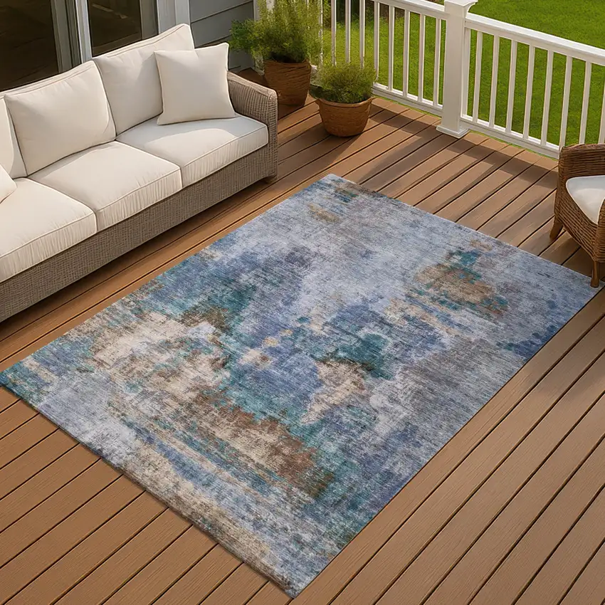 Blue Gray And Brown Abstract Washable Indoor Outdoor Area Rug Photo 9