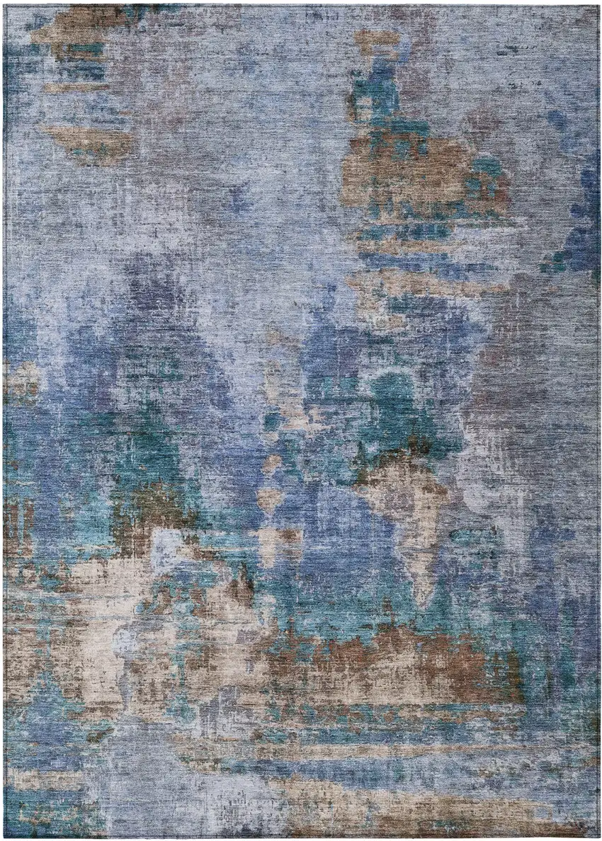 Blue Gray And Brown Abstract Washable Indoor Outdoor Area Rug Photo 2