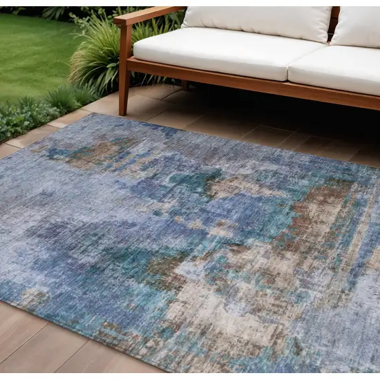 Blue Gray And Brown Abstract Washable Indoor Outdoor Area Rug Photo 1