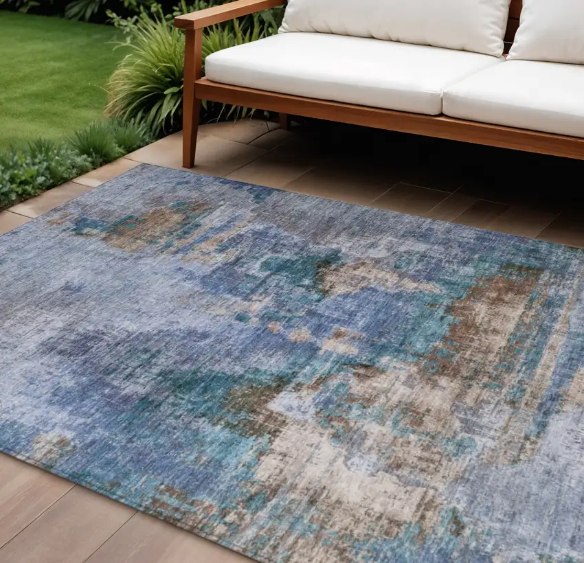 Blue Gray And Brown Abstract Washable Indoor Outdoor Area Rug Photo 1