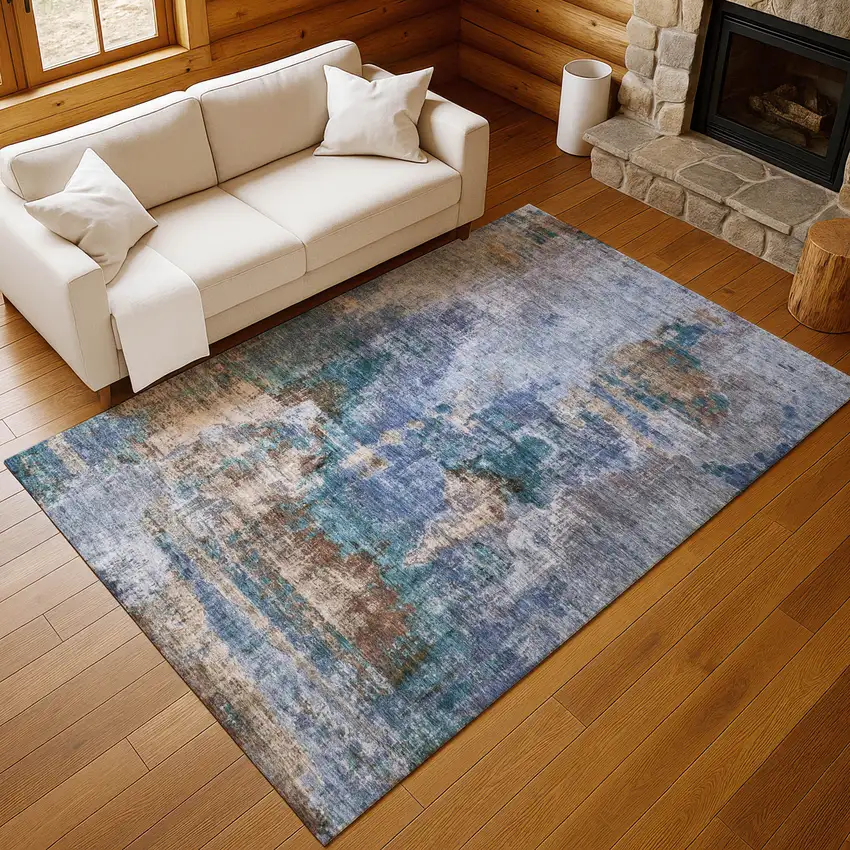 Blue Gray And Brown Abstract Washable Indoor Outdoor Area Rug Photo 9