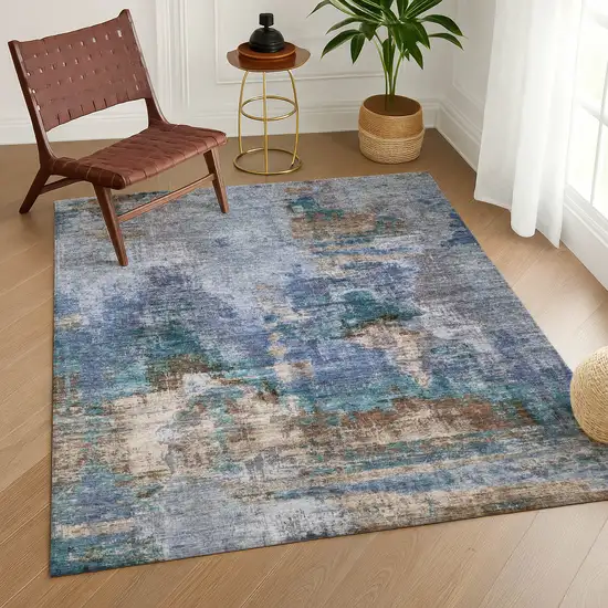 Blue Gray And Brown Abstract Washable Indoor Outdoor Area Rug Photo 9