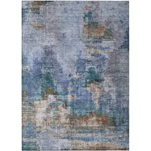 Photo of Blue Gray And Brown Abstract Washable Indoor Outdoor Area Rug