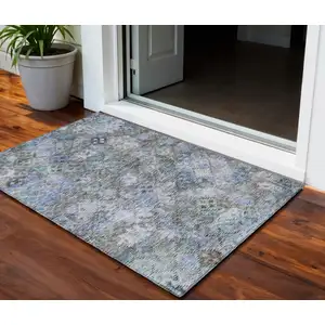 Photo of Blue Gray And Brown Floral Washable Indoor Outdoor Area Rug