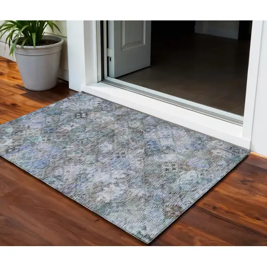 Blue Gray And Brown Floral Washable Indoor Outdoor Area Rug Photo 1