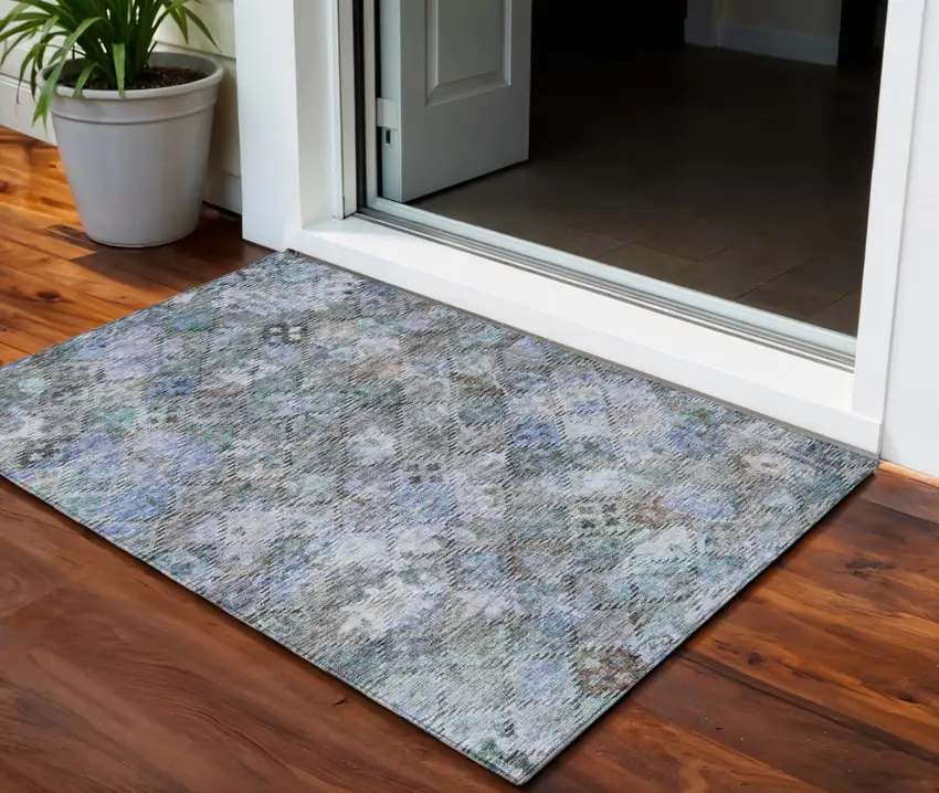 Blue Gray And Brown Floral Washable Indoor Outdoor Area Rug Photo 1