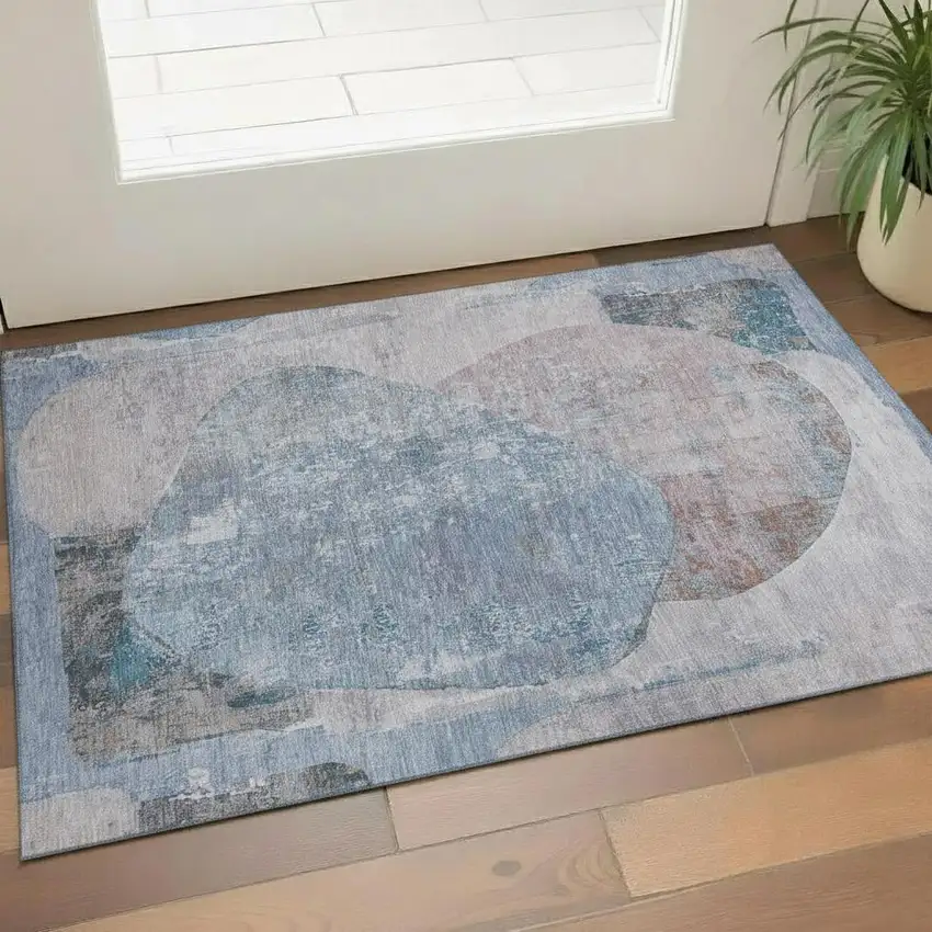 Blue Gray And Charcoal Abstract Washable Area Rug With UV Protection Photo 2