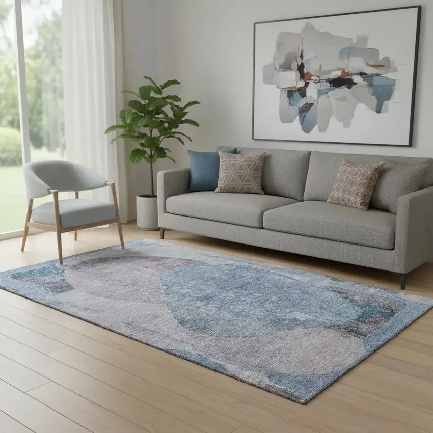 Blue Gray And Charcoal Abstract Washable Area Rug With UV Protection Photo 2