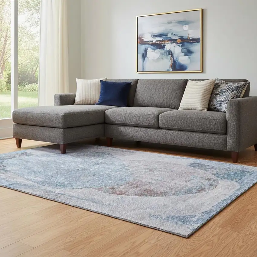 Blue Gray And Charcoal Abstract Washable Area Rug With UV Protection Photo 2