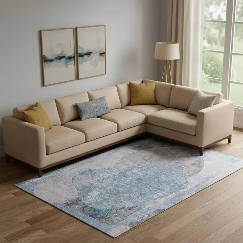 Blue Gray And Charcoal Abstract Washable Area Rug With UV Protection Photo 2