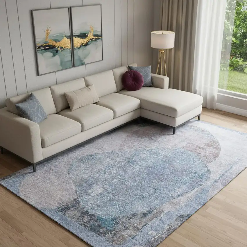 Blue Gray And Charcoal Abstract Washable Area Rug With UV Protection Photo 2
