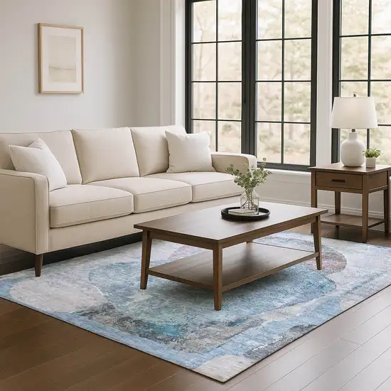 Blue Gray And Charcoal Abstract Washable Area Rug With UV Protection Photo 3