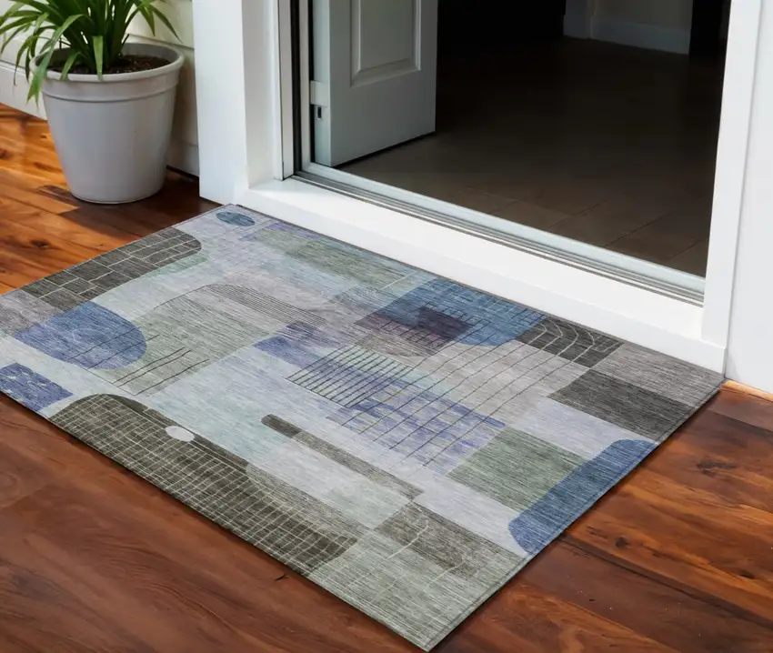 Blue Gray And Charcoal Abstract Washable Indoor Outdoor Area Rug Photo 1