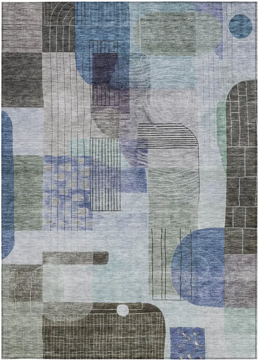 Blue Gray And Charcoal Abstract Washable Indoor Outdoor Area Rug Photo 6