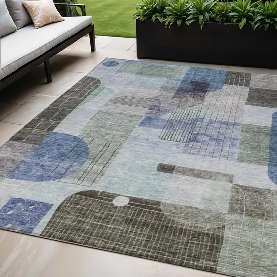 Blue Gray And Charcoal Abstract Washable Indoor Outdoor Area Rug Photo 1