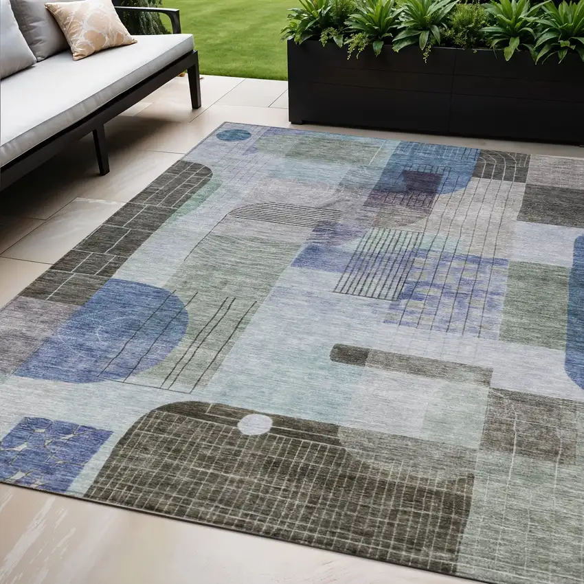Blue Gray And Charcoal Abstract Washable Indoor Outdoor Area Rug Photo 1