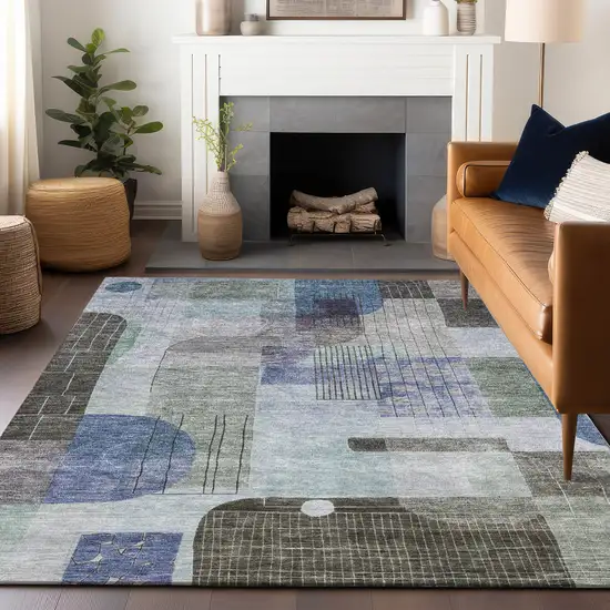 Blue Gray And Charcoal Abstract Washable Indoor Outdoor Area Rug Photo 8
