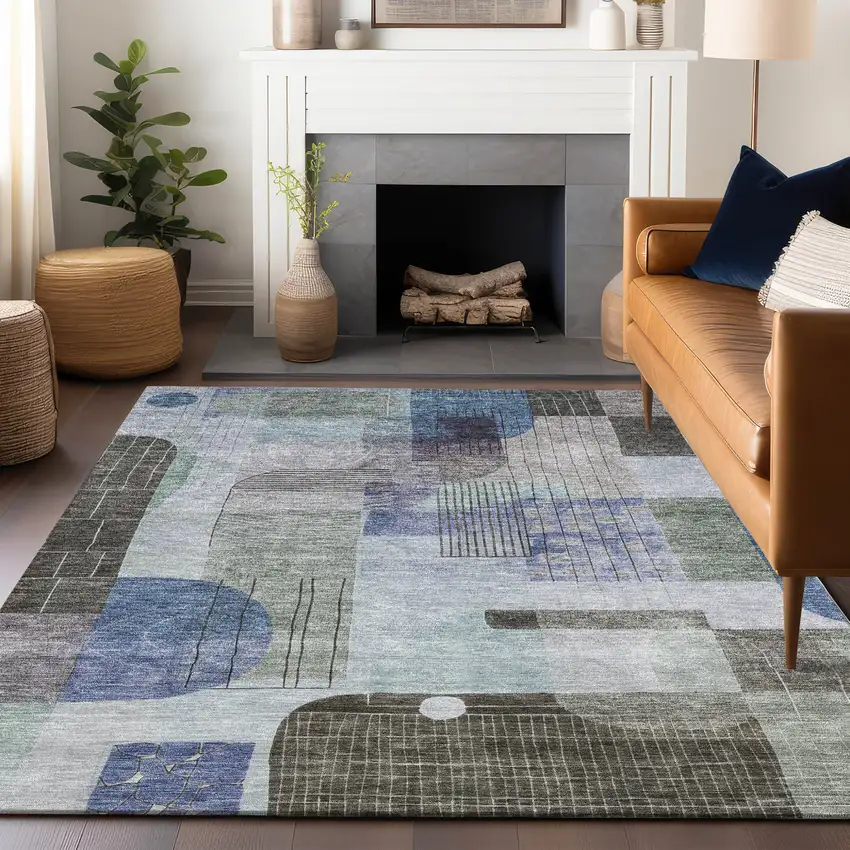 Blue Gray And Charcoal Abstract Washable Indoor Outdoor Area Rug Photo 8