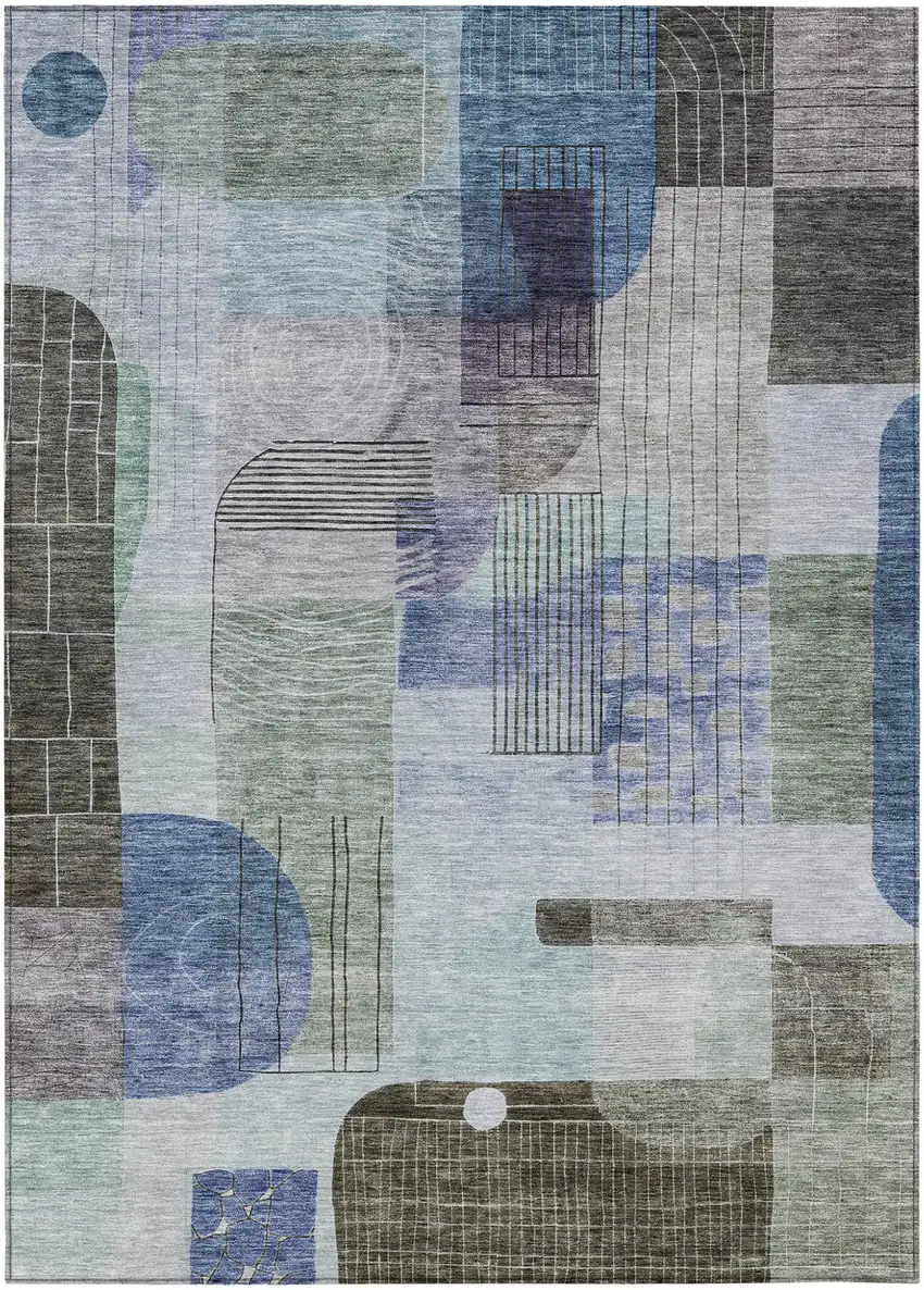 Blue Gray And Charcoal Abstract Washable Indoor Outdoor Area Rug Photo 2