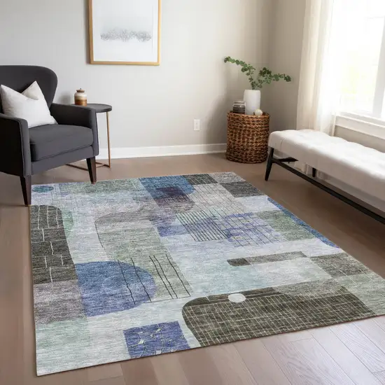 Blue Gray And Charcoal Abstract Washable Indoor Outdoor Area Rug Photo 9