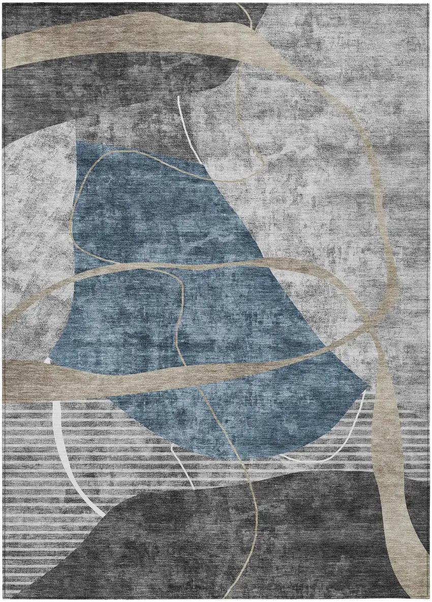 Blue Gray And Charcoal Abstract Washable Indoor Outdoor Area Rug Photo 2